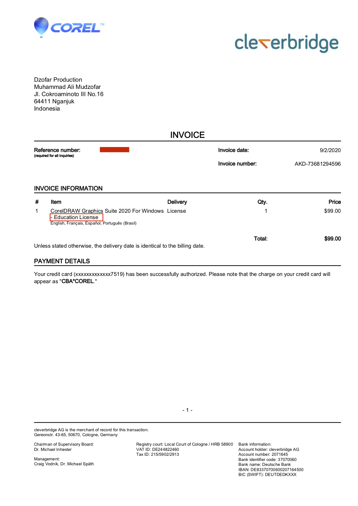 Invoice Asli dari Cleverbridge